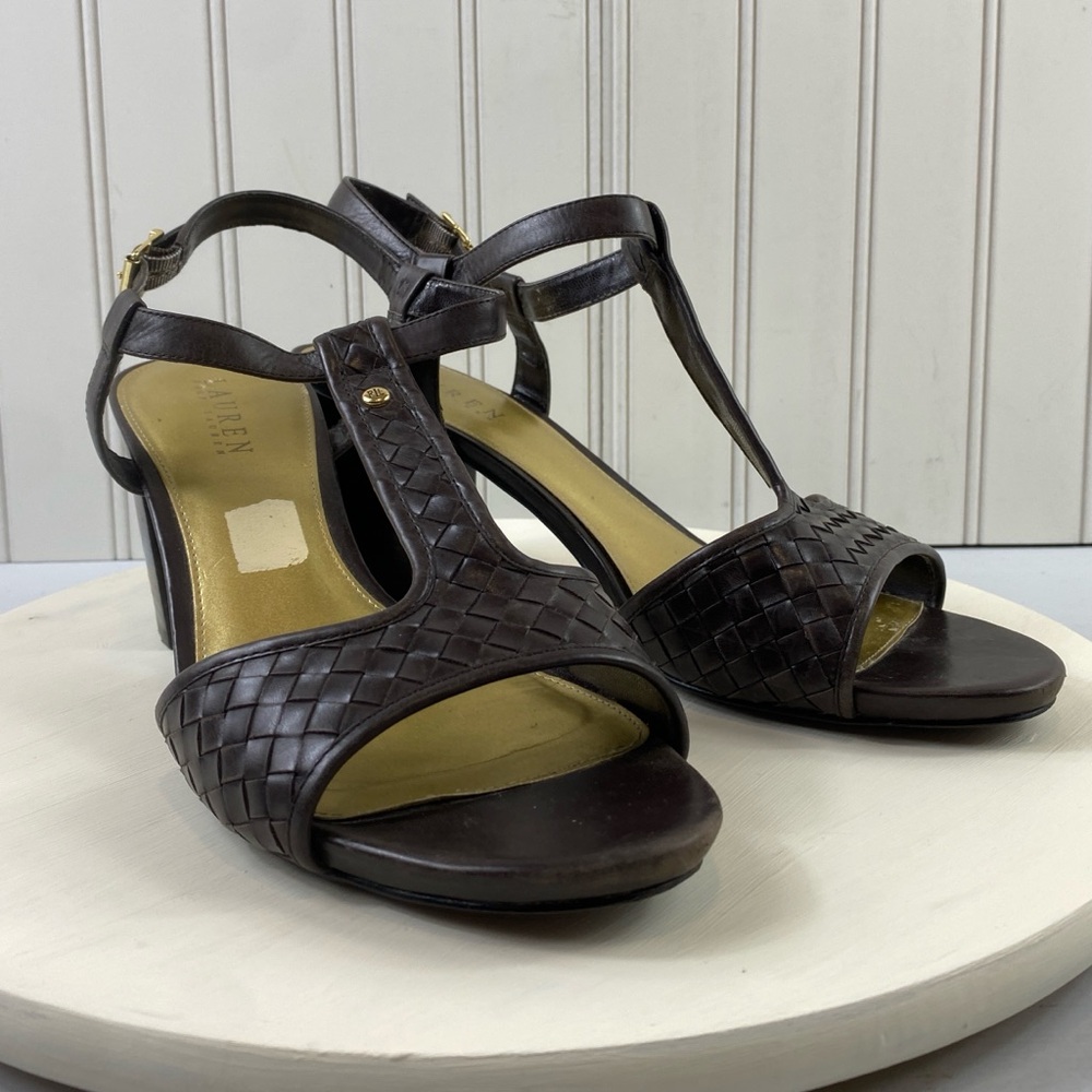 Ralph Lauren‎ Elegant Dark Brown Woven 3” Heel Sandals Sz 10